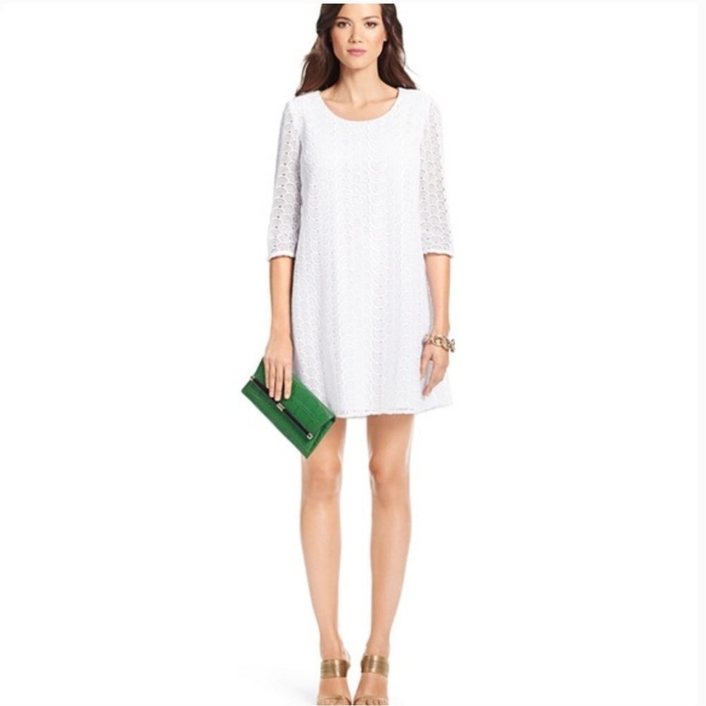 Diane von Furstenberg Martina White Lace 3/4 Sleeve Shift Mini Dress Size 0 - Picture 2 of 16